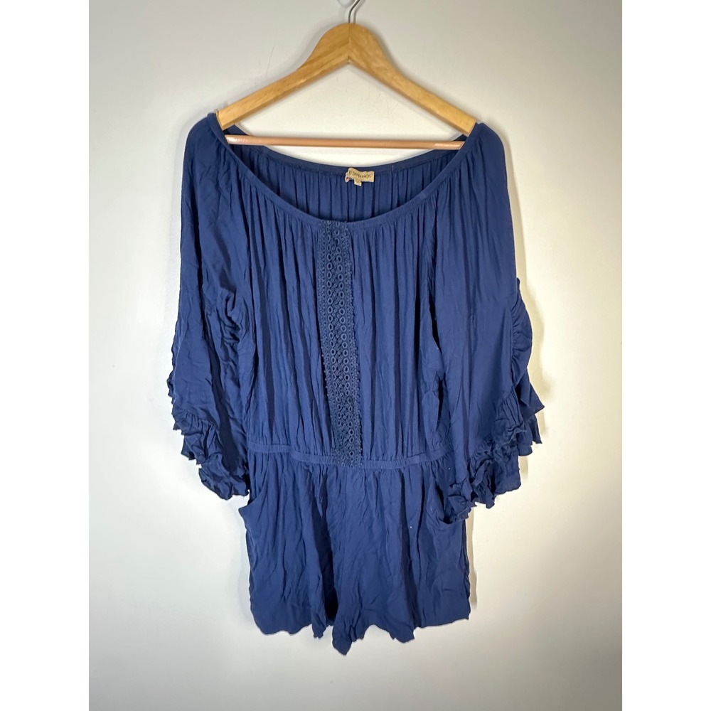 Democracy Off Shoulder Boho Romper Ruffle Crochet Lace Women XL Romantic Coastal